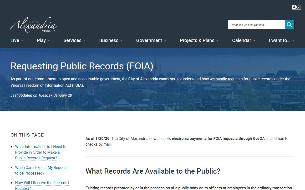 Alexandria Police Department FOIA request portal for booking records