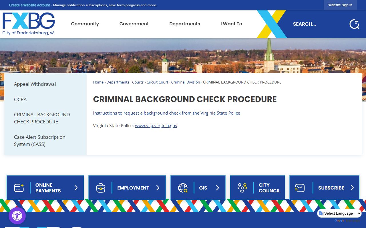 Fredericksburg Police Department booking records and background checks search interface