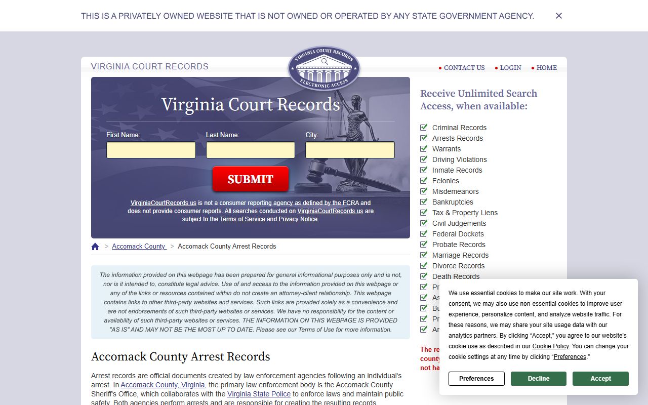 Accomack County 24 Hour Booking arrest records search interface