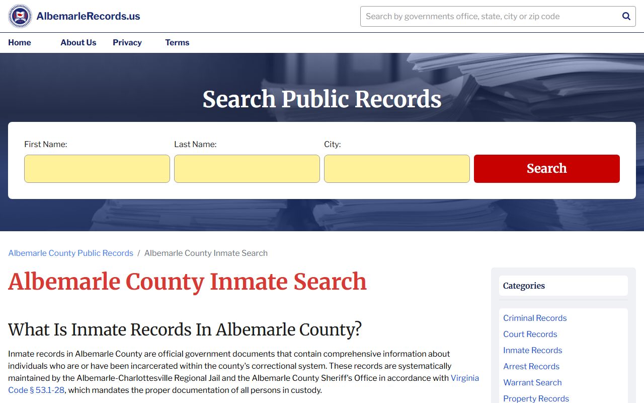 Albemarle County 24 Hour Booking inmate search portal