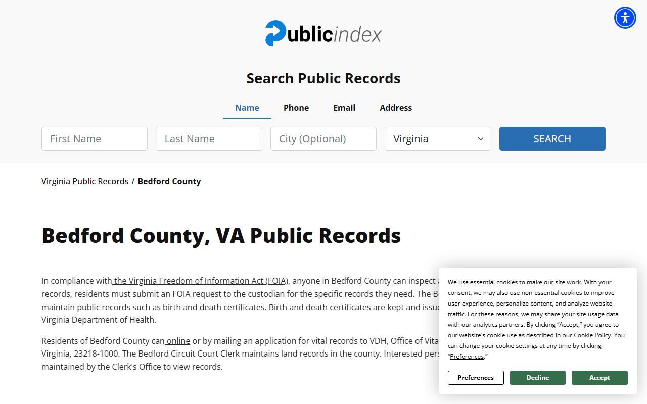 Bedford County 24 Hour Booking arrest records search interface