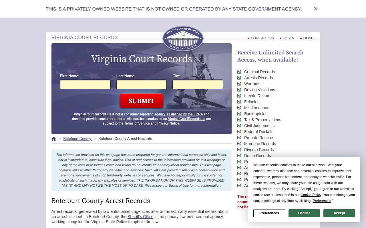 Botetourt County arrest records and booking statistics screenshot