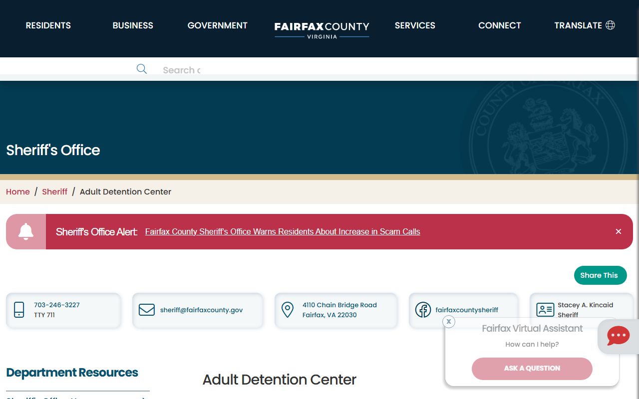 Fairfax County 24 Hour Booking records search interface