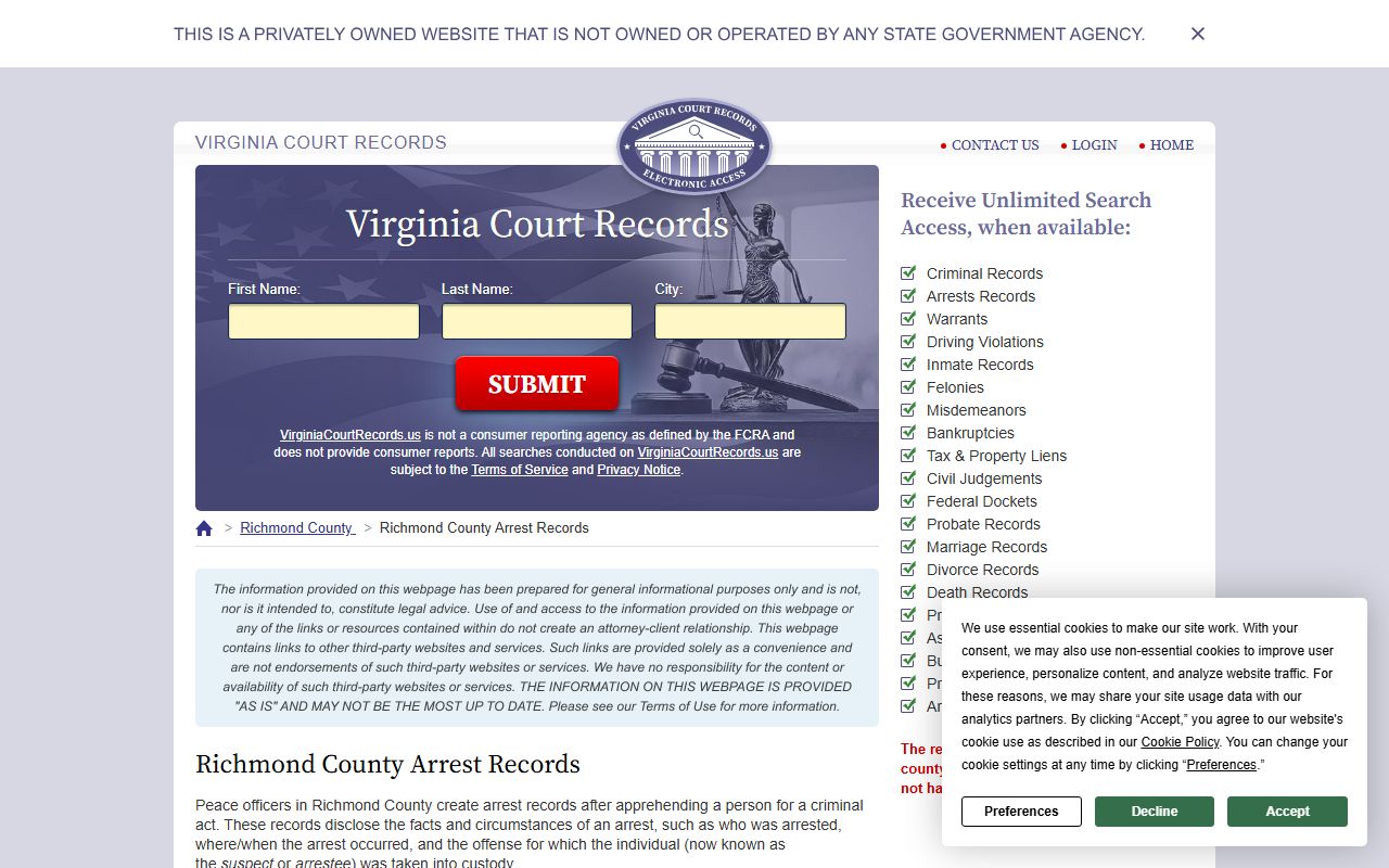 Richmond County 24 Hour Booking records search interface
