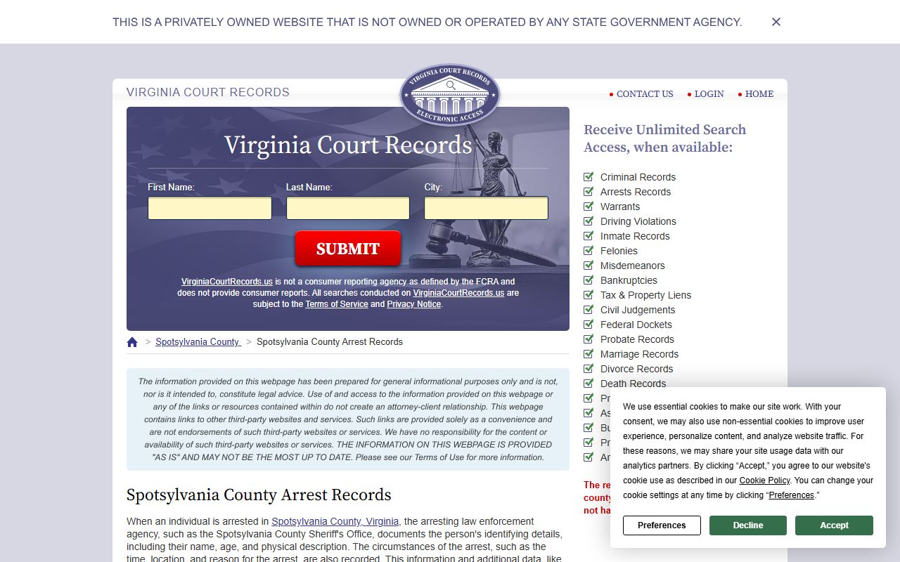 Spotsylvania County 24 Hour Booking arrest records search interface