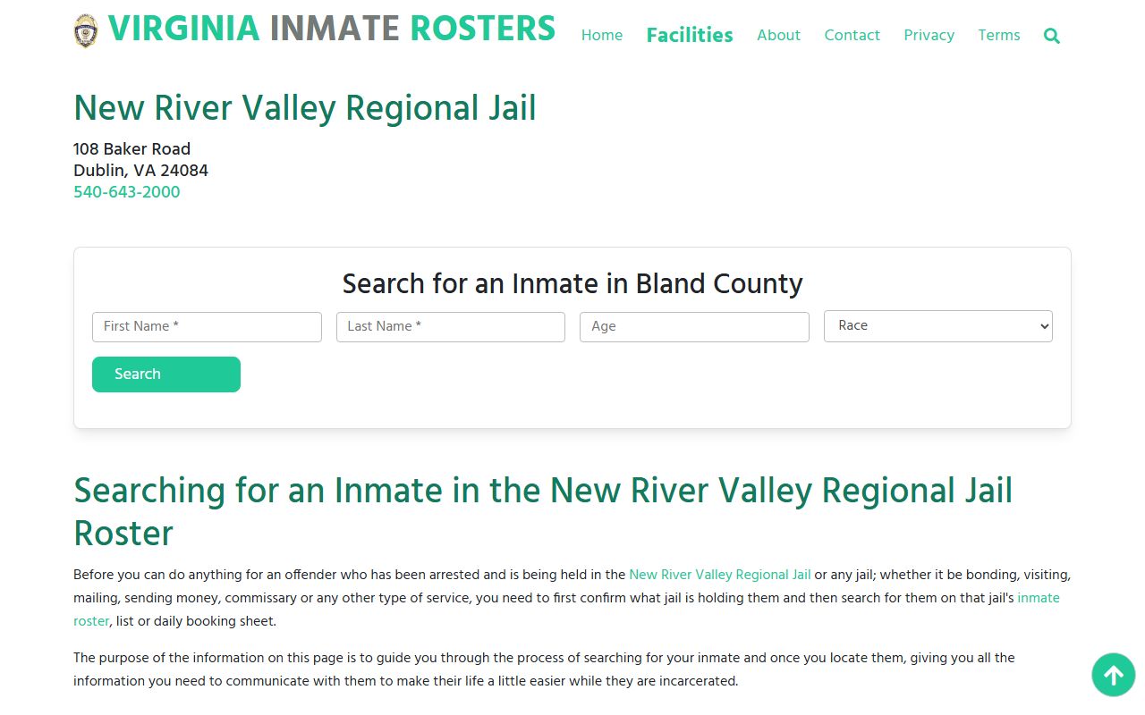 New River Valley Regional Jail Bland County inmate roster screenshot