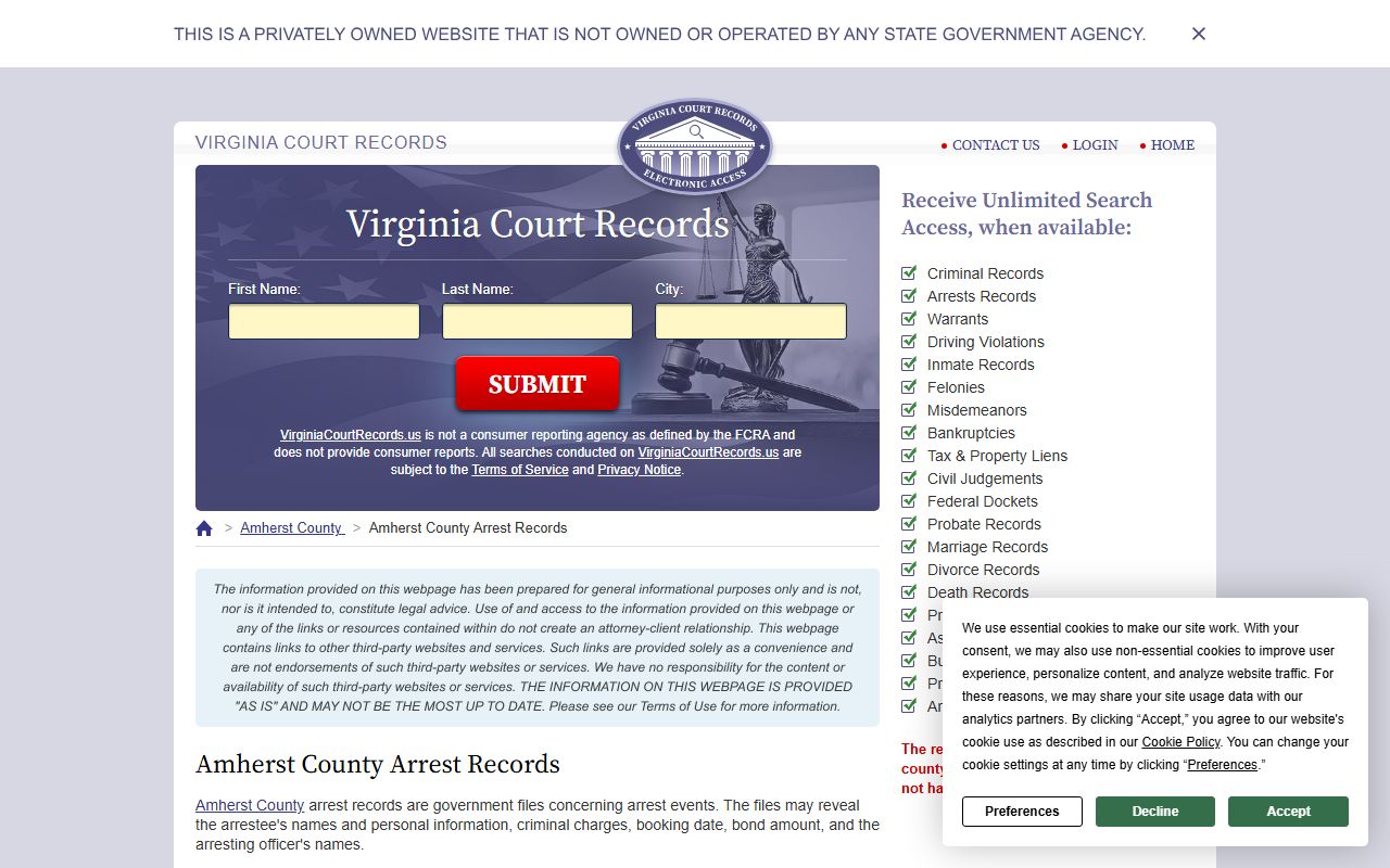Amherst County 24 Hour Booking arrest records search interface