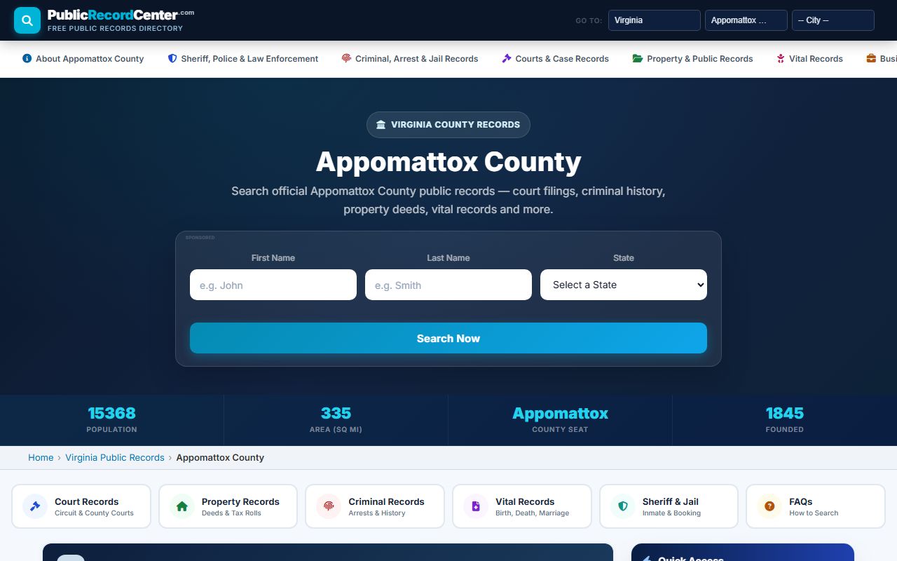 Appomattox County 24 Hour Booking arrest records search interface
