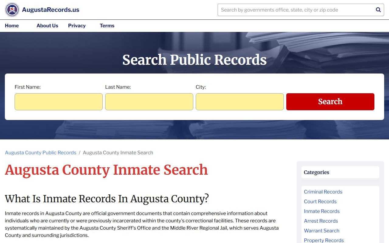 Augusta County 24 Hour Booking arrest records search interface