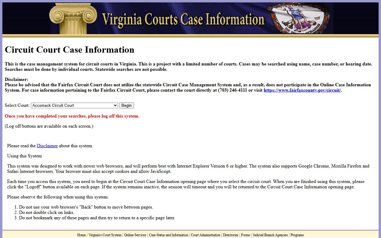 Virginia circuit court online case information for criminal cases stemming from 24 hour booking events