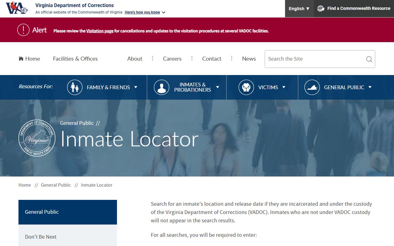 Virginia VADOC inmate locator search portal for 24 hour booking and state custody records
