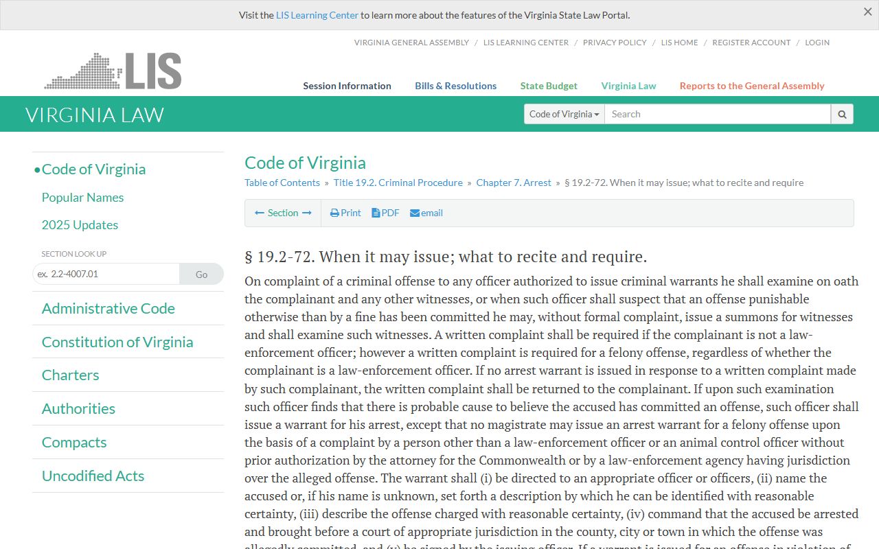 Virginia Code section on arrest warrants that initiate the 24 hour booking and detention process