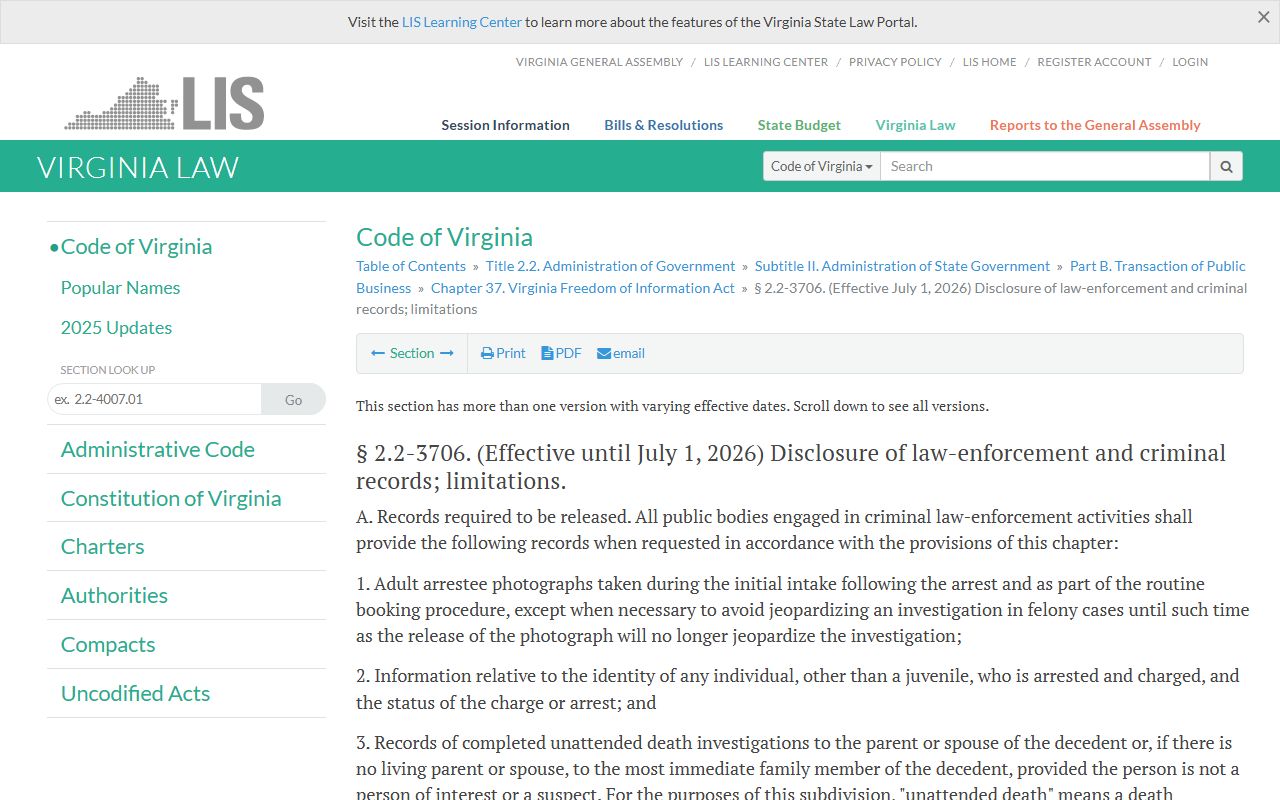 Virginia FOIA code section governing release of 24 hour booking and criminal arrest information