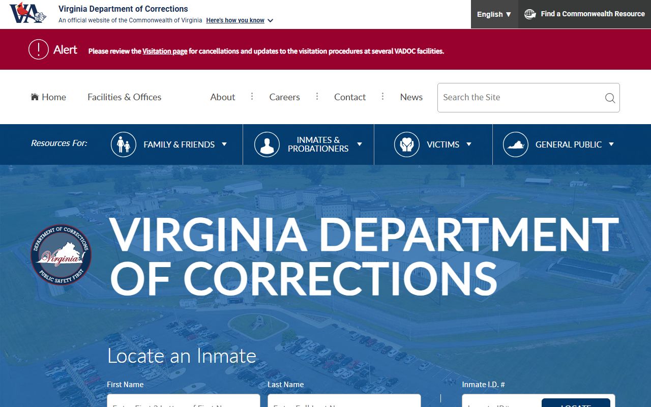 Virginia Department of Corrections homepage for inmate and booking record access
